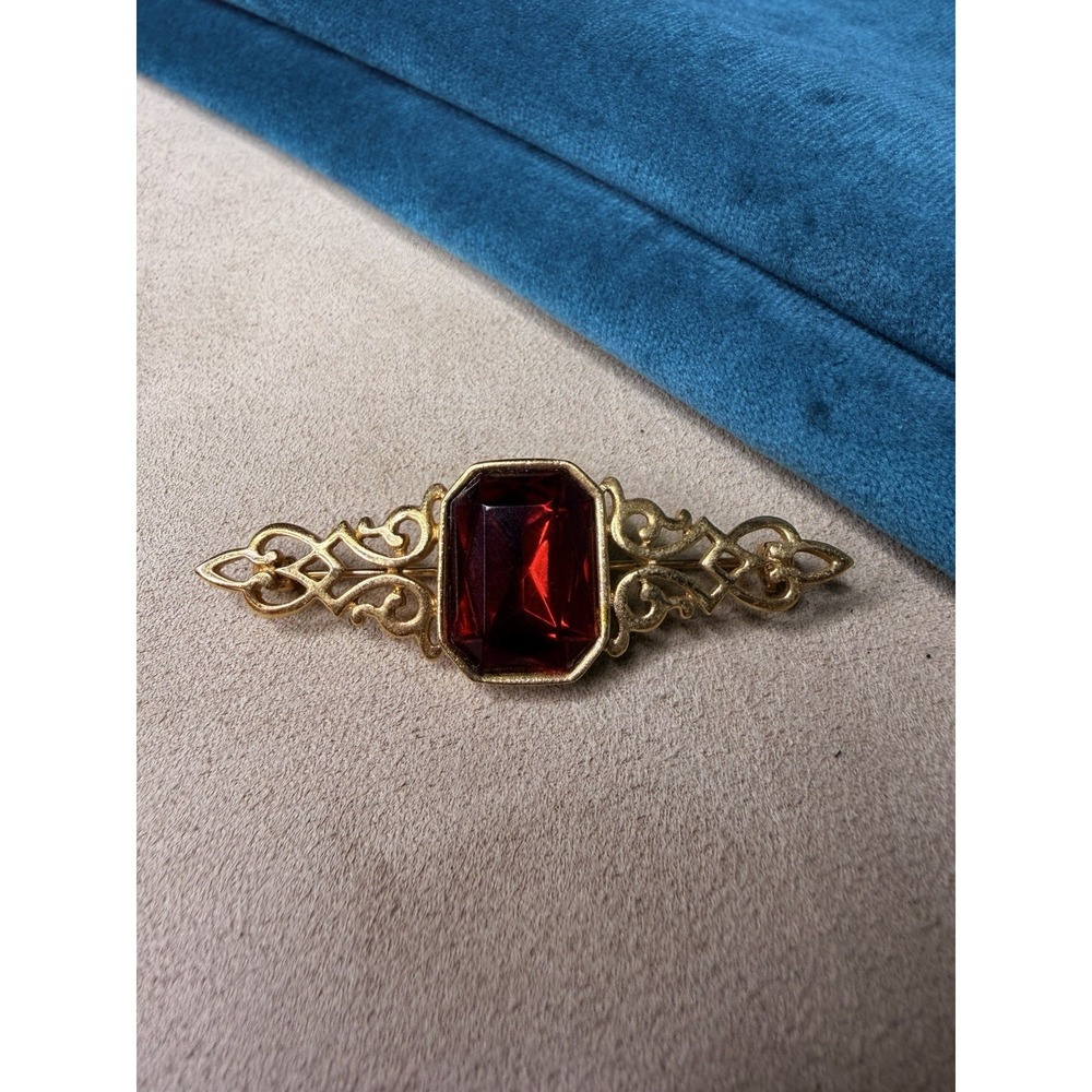 Vintage Park Lane Signed Red Rhinestone Gold Tone Bar Brooch Filigree